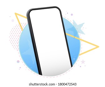 Mobile Phone Vector Mockup With Geometric Abstract Background. Frameless Black Smartphone Perspective View.