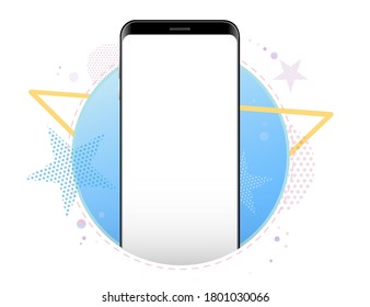 Mockup Vector De Teléfono Móvil Con Fondo De Resumen Geométrico. Vista frontal de Smartphone negro sin marco.