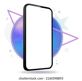 Mobile Phone Vector Mockup Illustration With Geometric Abstract Background. Frameless black smartphone perspective view.