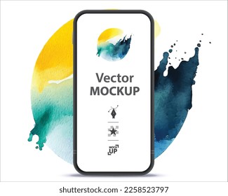 Mobile Phone Vector Mockup Illustration. Smartphone isolated on colorful watercolor background. 