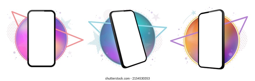 Mobile Phone Vector Mockup Set With Geometric Abstract Backgrounds. Frameless black smartphone perspective views on colorful presentation templates.