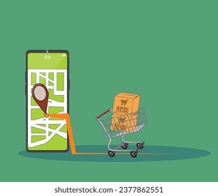 Vector de teléfono móvil que muestra la dirección de entrega de mercancías en línea, mapa en línea