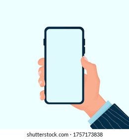 Mobile phone vector template. Hand holding smartphone with blank screen Isolated on deep background. Flat style. Color stock illustration. Template for website and application.