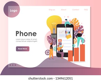 Mobile phone vector website template, web page and landing page design for website and mobile site development. Characters using different applications for communication, data analysis, feedback etc.