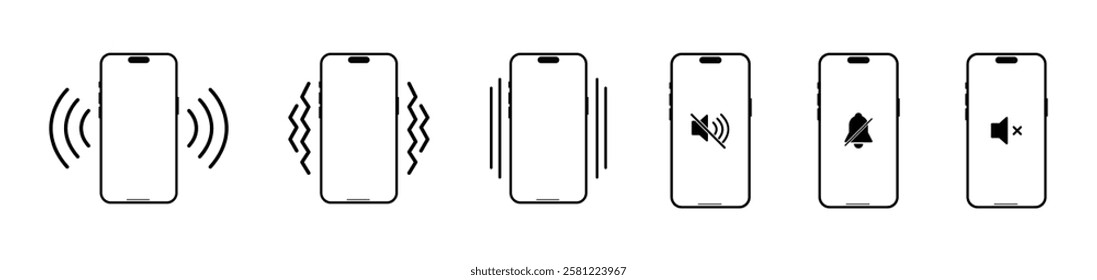 Mobile Phone Vibrating Icon Vector, Ringtone Symbols for App-Web, Including Mute, Vibrate, Silent, Sound, Ringing, and Voice Modes.