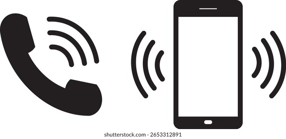 Icono de vibración del teléfono móvil. Conjunto de iconos de teléfono de Vector. Diseño de dispositivo digital, Smartphone negro, Smartphone sonando, Smartphone con un símbolo de pantalla en blanco,
