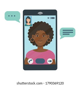 Mobile phone, video call, conversation with girlfriend on screen isolated on white background. Face of girl on screen.  Vector flat illustration. Social relations on distance concept.