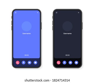 Interfaz de pantalla de videollamadas de teléfono móvil para chat de video, medios sociales y comunicación. Plantilla de simulación de smartphone. Ilustración vectorial.
