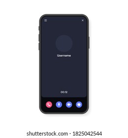 Interfaz de pantalla de videollamadas de teléfono móvil para chat de video, medios sociales y comunicación. Plantilla de simulación de smartphone. Ilustración vectorial.