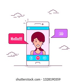 Mobile phone with video chat application interface. Video call concept banner. Flat style illustration.