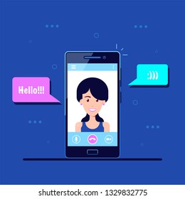 Mobile phone with video chat application interface. Video call concept banner. Flat style illustration.