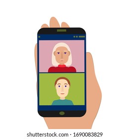 Mobile phone video chat. Online video conference app. Cell phone in hands. Isolated on white. Distance communication. Quarantine and self isolation. Flat style vector illustration.