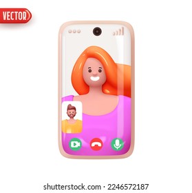 Comunicación de video por teléfono móvil en una mujer feliz. Los amigos de chat viven. Aplicación móvil para videollamadas. Comunicación virtual de Smartphone. Diseño elegante con dibujos animados de estilo 3d. Ilustración del vector