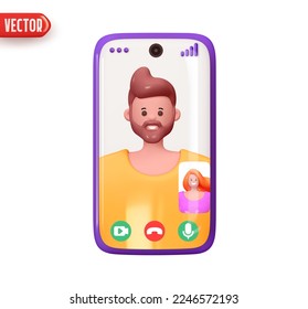 Teléfono móvil de comunicación de video en pantalla feliz hombre. Los amigos de chat viven. Aplicación móvil para videollamadas. Comunicación virtual de Smartphone. Diseño elegante con dibujos animados de estilo 3d. Ilustración del vector