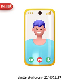 Mobile phone video communication on screen happy man. Chat friends live. Mobile application for video calls. Smartphone virtual communication. Stylish design in cartoon 3d style. Vector illustration