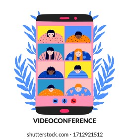 Mobile phone video conference. Hand drawn people on screen. Communication online. Women and men conversation. Multinational teamwork distance meeting. Fun flat design. Stock vector illustration.