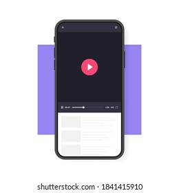 Mobile phone with video player. Mobile app for video playback. Social media concept. Video conference, streaming, blogging. Vector graphic design.