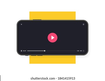 Mobile phone with video player. Mobile app for video playback. Social media concept. Video conference, streaming, blogging. Vector graphic design.