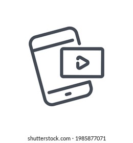 Mobile phone with video player line icon.  Play video online on smartphone vector outline sign.