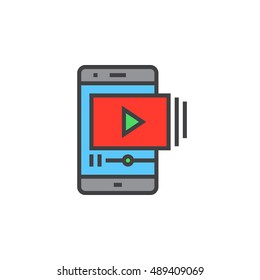 Mobile phone with video player line icon, filled outline vector sign, linear colorful pictogram isolated on white, logo illustration