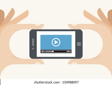 Mobile Phone Video Player On Screen In Holding Human Hands. Concepts: Movie Streaming Technologies, Services (Youtube, Netflix), Home Films Media Collection, Video Sharing (Instagram, Facebook), TV