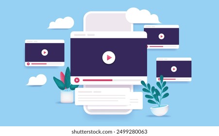 Mobile phone with videos - Watching movie tube clips on smartphone with player windows floating around. Social media and content concept in semi flat vector design