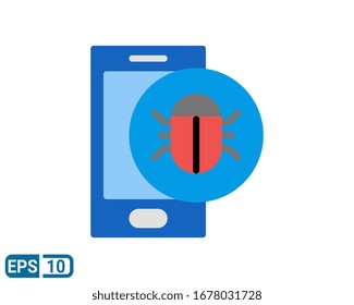 Mobile phone with virus bug icon on white background. Flat style icon. EPS 10