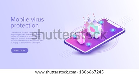 Mobile phone virus protection concept in flat vector illustration. Online security app or smartphone antivirus program. Internet safety background or firewall service. Web banner layout template.