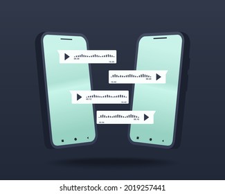 El teléfono móvil con mensajes de voz burbuja el chat. Notas de voz. Smartphone enviando mensajes de audio. Vector de ilustración