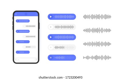 Mobile phone with voice messages icon. Message bubble with sound wave for social media. Modern flat style vector illustration.