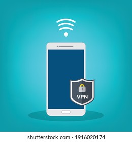 Mobile phone VPN, smartphone connecting to a secure and protected Virtual Private Network. Vector illustration.