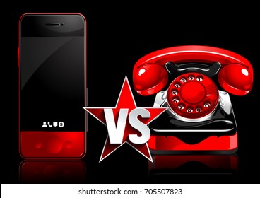 mobile phone vs retro phone. illustration on black background.