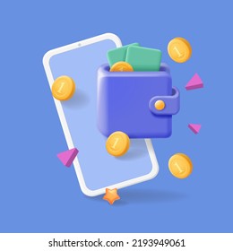 Mobile phone and wallet with coins and bank cards. E-payment. Financial transaction, Money transfer online, Digital wallet in Smartphone 3d vector