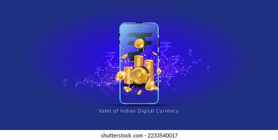 Mobile Phone wallet concept design. Indian digital rupees stock, virtual currency icon and background with cell phone.