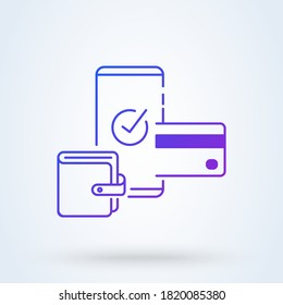 Mobile phone and wallet internet banking sign line icon or logo. online payment security transaction via credit card concept. Protection shopping wireless pay smartphone vector linear illustration.