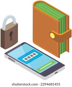 Mobile phone, wallet and padlock. Data protection, software access data as confidential. Denied access password protected, security internet information, safety network, confidential document