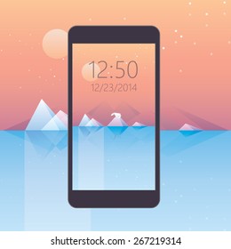 mobile phone wallpaper- low poly design, arctic landscape with polar bear standing on a glacier surface, icebergs reflecting on the calm ocean water. Sunset with stars scenery. Global warming concept