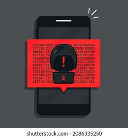 Mobile phone warning alert notification. Hacking data account.   Illustration vector