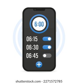 Mobile phone watch widget interfaces. Clock user interface. Alarm stopwatch timer. Mobile wake up application page blue design layout. On, turned off. Setting up screen alarm. Vector illustration