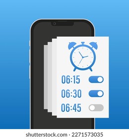 Mobile phone watch widget interfaces. Clock user interface. Alarm stopwatch timer. Mobile wake up application page blue design layout. On, turned off. Setting up screen alarm. Vector illustration