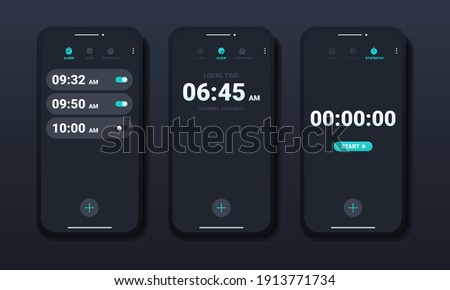 Mobile phone watch widget interfaces.  Clock user interface. Alarm stopwatch timer. Illustration vector