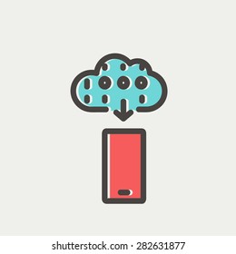 Mobile phone with weather forecast icon thin line for web and mobile, modern minimalistic flat design. Vector icon with dark grey outline and offset colour on light grey background.