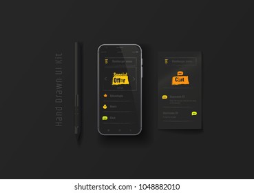 Mobile phone with web application. Hand-drawn UX, UI kit. User experience. User interface. Mobile App Design on a black background