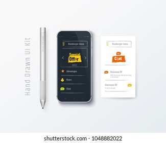 Mobile phone with web application. Hand-drawn UX, UI kit. User experience. User interface. Mobile App Design