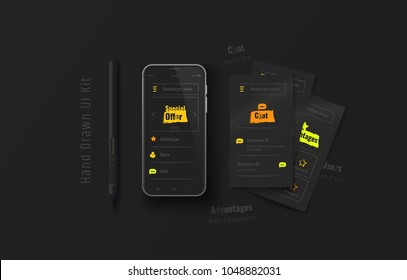 Mobile phone with web application. Hand-drawn UX, UI kit. User experience. User interface. Mobile App Design on a black background