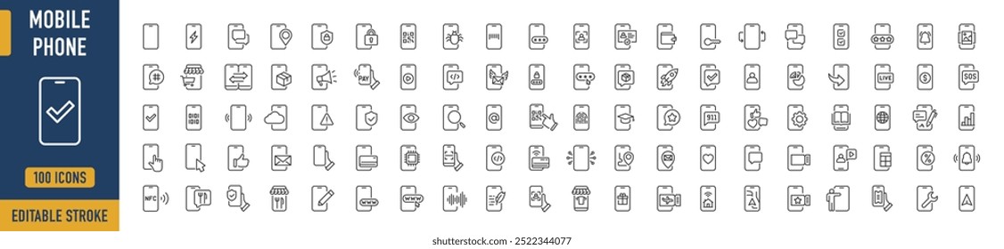 Mobile phone web icons in line style. Smartphone, telephone, call, chat, voice, message, mail, pay, pin, live, collection. Vector illustration.