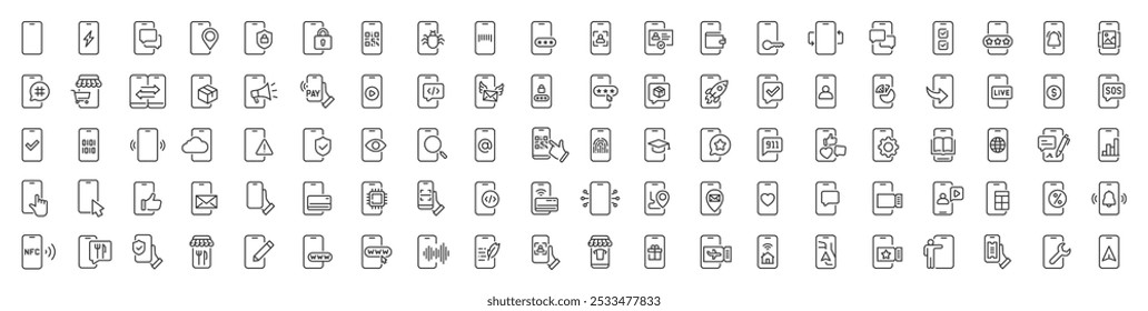 Ícones da Web do telefone celular no estilo de linha. Smartphone, telefone, chamada, bate-papo, voz, mensagem, correio, pagar, pin, ao vivo, coleção. Ilustração vetorial.