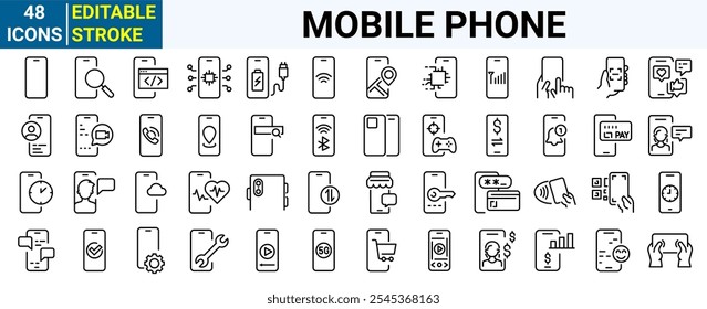 Mobile phone web line icons.Set of 48 outline icons related to smartphone. Editable stroke. Vector illustration