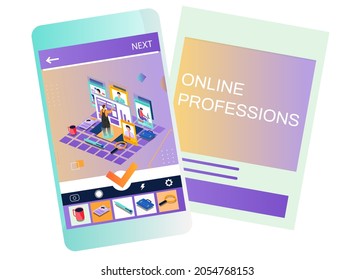 Mobile phone with webpage on topic of online professions. Man chooses vacancy on job search site. Specialists work remotely. Business platform in internet with offer of teleworking, app for applicants