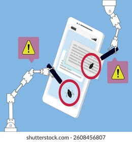 Mobile phone is white, blue background.
The screen shows files with viruses and magnifying glasses holding mechanical fasteners. Nearby are messages with exclamation marks. Vector illustrator EPS 10